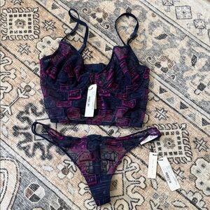 Fleur du Mal Navy and Pink Lace Bra Set